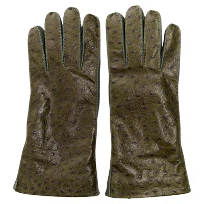 Pre-owned Bottega Veneta Green Ostrich-effect Buffed Goatskin Cashmere Lined Gloves Sz.8