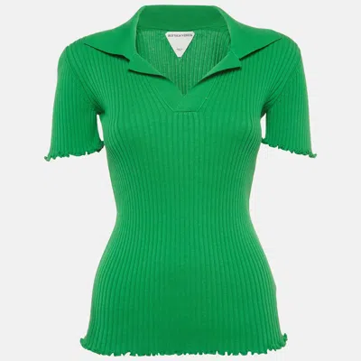 Pre-owned Bottega Veneta Green Rib Knit Open Collar Polo T-shirt M
