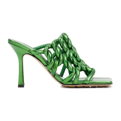 Bottega Veneta Reflection Metallic Weave Mule Sandals In Green