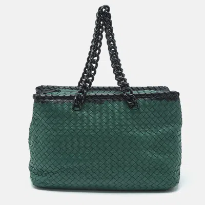 Pre-owned Bottega Veneta Green/black Intrecciato Leather And Karung Chain Tote