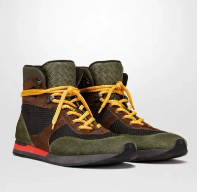 Pre-owned Bottega Veneta Green/brown/black Suede Leather Mesh High Top Sneaker 417024 3364