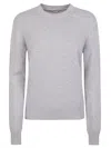 BOTTEGA VENETA GREY CASHMERE CHOKER CREWNECK JUMPER WITH LEATHER ELBOW DETAILS