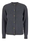 Bottega Veneta Grey Crewneck Cardigan With Knot Buttons Closure And Ribbed Knit In Wool Woman In Gray