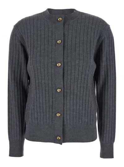 Bottega Veneta Grey Crewneck Cardigan With Knot Buttons Closure And Ribbed Knit In Wool Woman In Gray