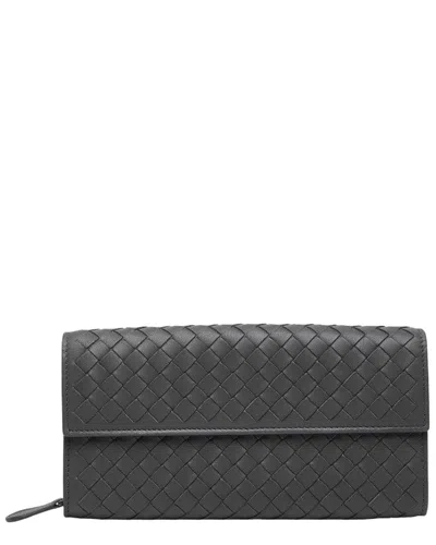 Pre-owned Bottega Veneta Grey Intrecciato Leather Long Wallet (authentic Pre-loved)