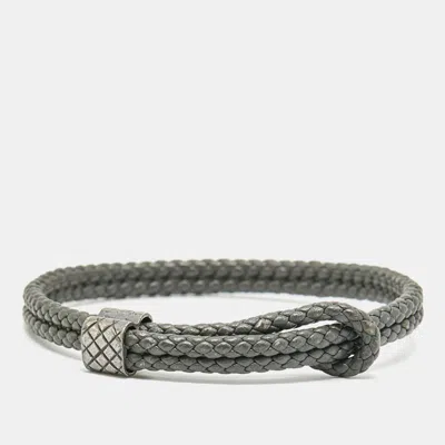Pre-owned Bottega Veneta Grey Intrecciato Leather Sterling Silver Adjustable Bracelet In Gray