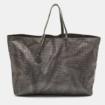 Pre-owned Bottega Veneta Grey Intrecciato Print Nylon And Leather Tote In Gray