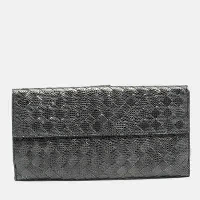 Pre-owned Bottega Veneta Grey Lizard Embossed Intrecciato Leather French Flap Wallet In Gray