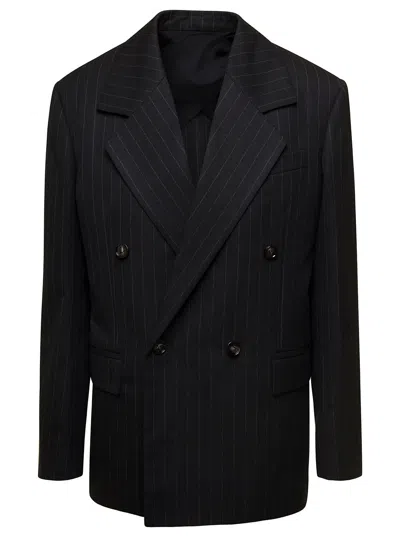 Bottega Veneta Grey Pinstripe Double-breasted Jacket With Wide Revers In Wool Woman In Multicolor