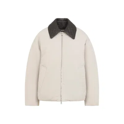 Bottega Veneta Beige Padded Bomber With Intreccio Leather Collar In Neutral