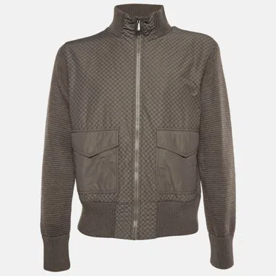 Pre-owned Bottega Veneta Grey Printed Nylon And Wool Knit Zip Up Jacket L In Gray