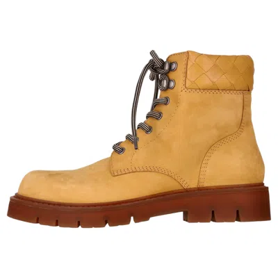 Pre-owned Bottega Veneta Haddock Intrecciato Leather-trimmed Nubuck Ankle Boots In Orange