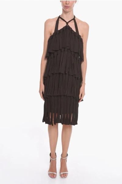 Bottega Veneta Halter Neck Loops Silk Blend Dress In Black