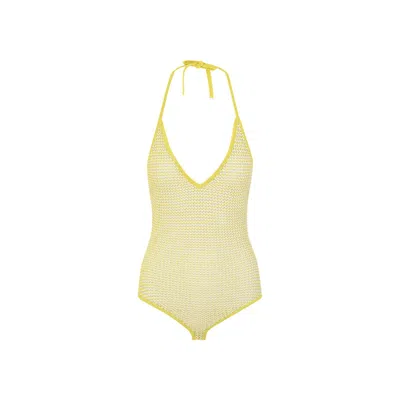 Bottega Veneta Halterneck Mesh Bodysuit In Yellow