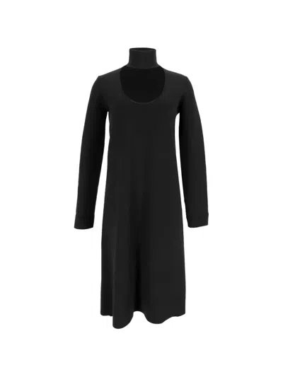 Pre-owned Bottega Veneta High-neck Long-sleeve Midi Dress In Black