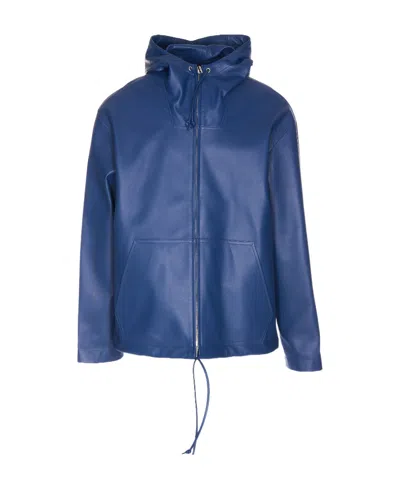 Bottega Veneta Hooded Leather Jacket In Blue