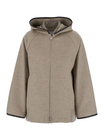 Bottega Veneta Hooded Wool-cashmere Jacket With Leather Trim And Zip Front In Gray