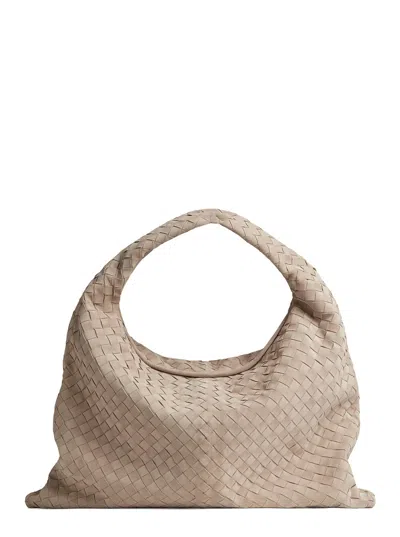 Bottega Veneta 'hop' Beige Large Shoulder Bag With Intrecciato Motif And Magnetic Closure In Suede W