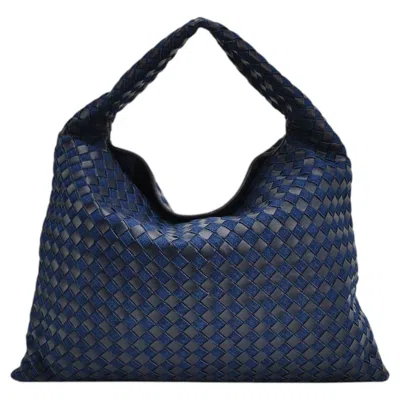 Pre-owned Bottega Veneta Hop Large Leather And Denim Intrecciato Navy Hobo Bag 55cm In Blue