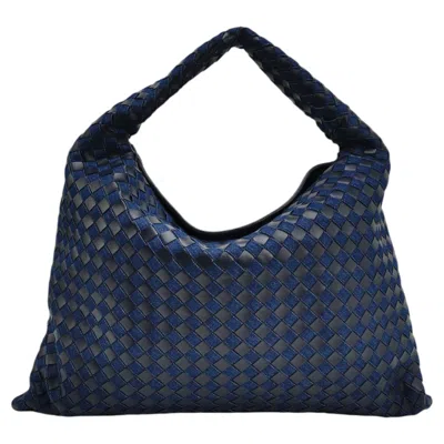 Pre-owned Bottega Veneta Hop Large Leather And Denim Intrecciato Navy Hobo Bag 55cm In Blue