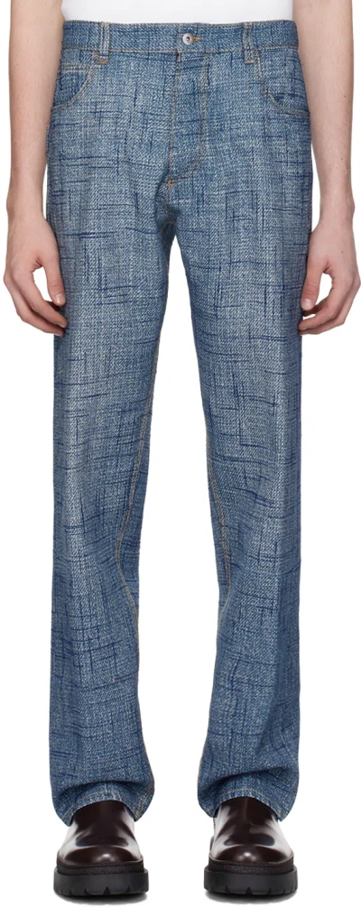 Bottega Veneta Men's Enlarged Textured Denim Print Trousers In Indigo
