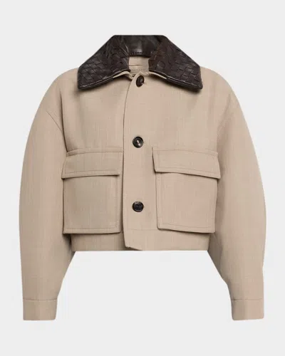 Bottega Veneta Intercciato Leather Collar Crop Barn Jacket In Brown