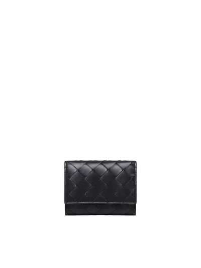 Bottega Veneta Interwoven Tri-fold Wallet With Zip In Black-gold