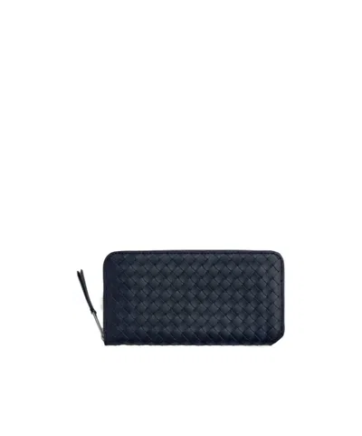 Bottega Veneta Intracciato Piccolo Woven Wrap-around Zipper Wallet In Space Blue