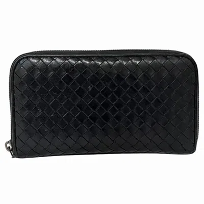 Pre-owned Bottega Veneta Intrecciato Black Leather Long Wallet (bi-fold) ()