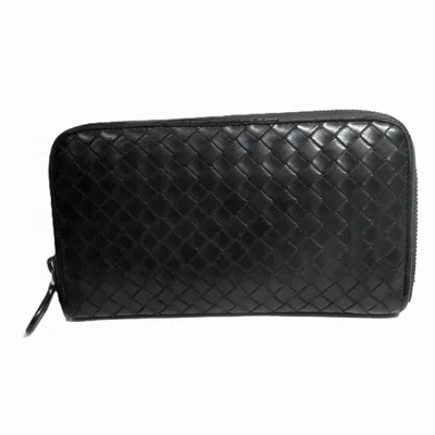 Pre-owned Bottega Veneta Intrecciato Black Leather Long Wallet (bi-fold) ()