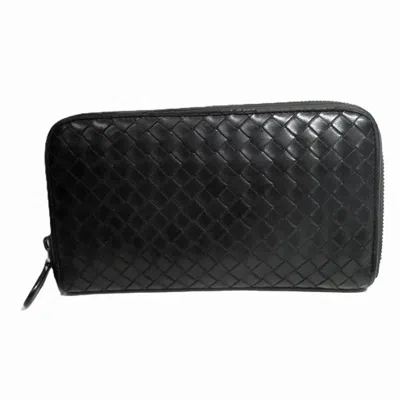 Pre-owned Bottega Veneta Intrecciato Black Leather Long Wallet (bi-fold) ()