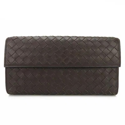 Pre-owned Bottega Veneta Intrecciato Brown Dark Brown Intrecciato Long Wallet (bi-fold) ()
