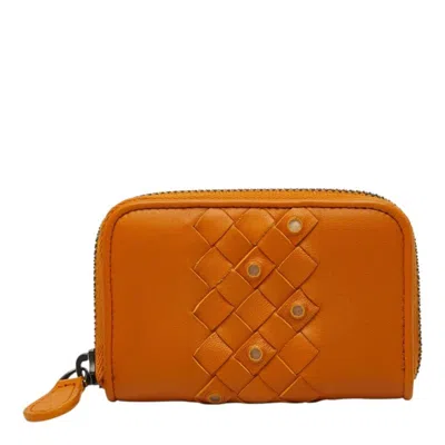 Pre-owned Bottega Veneta Intrecciato Brown Orange Leather Long Wallet (bi-fold) () In Brown, Orange