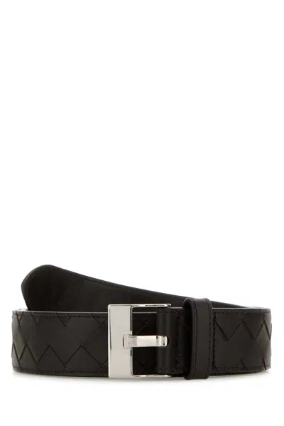 Bottega Veneta Black Leather Belt In Blacksilver