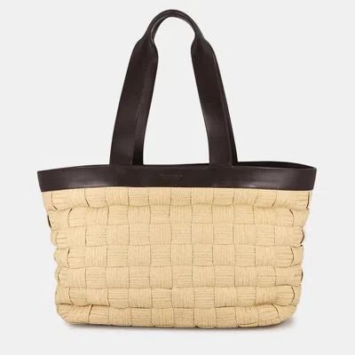 Pre-owned Bottega Veneta Intrecciato Cassette Tote Bag Natural/fondent Raffia Leather In Sand
