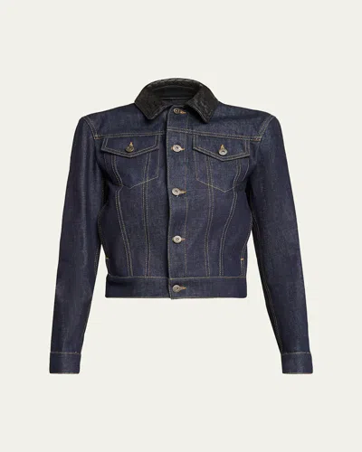 Bottega Veneta Intrecciato Collar Cotton Denim Jacket In Multi
