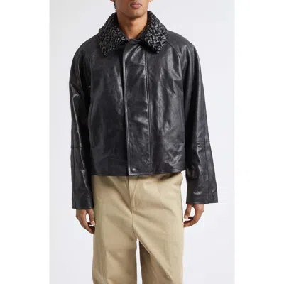 Bottega Veneta Intrecciato Collar Crackled Leather Jacket In Multi