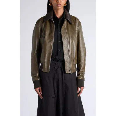 Bottega Veneta Intrecciato Collar Leather Jacket In Brown