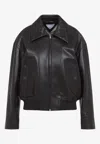 Bottega Veneta Intrecciato Collar Leather Jacket In Fondant