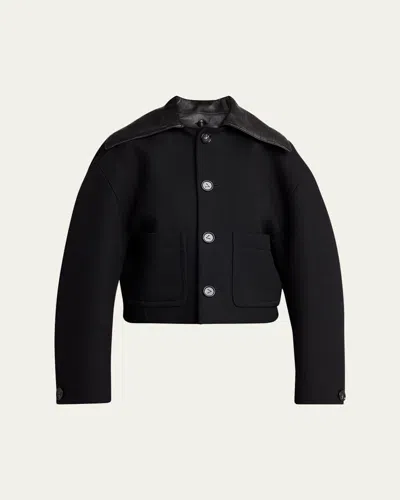 Bottega Veneta Intrecciato Collar Wide-sleeve Cotton Jacket In Nero