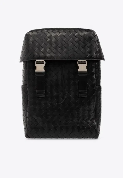 Bottega Veneta Intrecciato Flap Backpack In Black