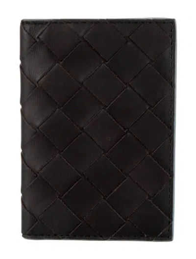 Pre-owned Bottega Veneta Intrecciato Flap Card Case Intrecciato Weave Card Holder In Brown