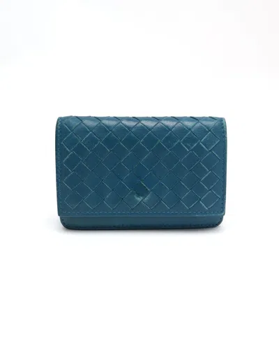 Pre-owned Bottega Veneta Intrecciato Flap Card Holder In Blue