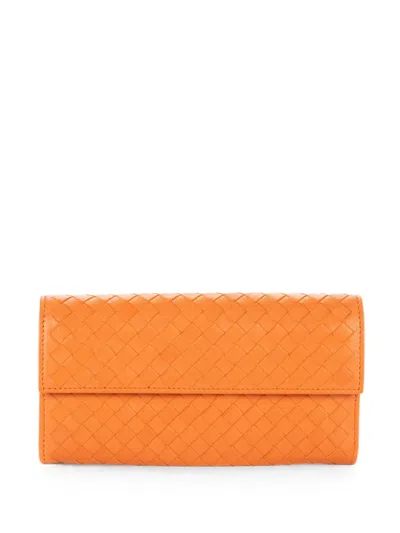 Pre-owned Bottega Veneta Intrecciato Flap Wallet In Orange
