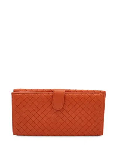 Pre-owned Bottega Veneta Intrecciato Flap Wallet In Orange