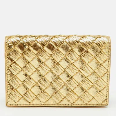 Pre-owned Bottega Veneta Intrecciato Gold Metallic Leather Card Case