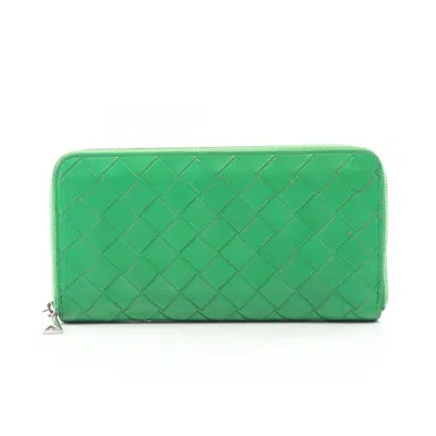 Pre-owned Bottega Veneta Intrecciato Green Leather Long Wallet (bi-fold) ()