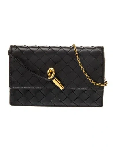 Pre-owned Bottega Veneta Intrecciato Intrecciato Knot Chain Wallet Mini In Black