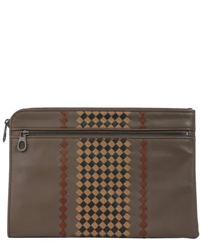 Bottega Veneta Intrecciato Leather & Canvas Clutch In Silver