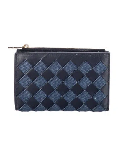 Pre-owned Bottega Veneta Intrecciato Leather And Denim Bifold Intrecciato Weave Wallet In Blue